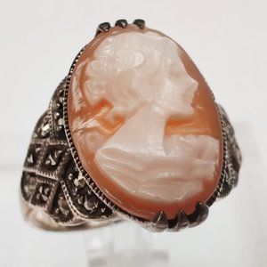 Vintage Brand Sterling Silver Marcasite Real Carved Shell Cameo Ring Size 8